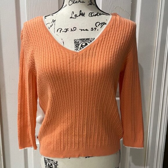 PREPPY COQUETTE CABLE KNIT SWEATER RALPH LAUREN 100% COTTON V NECK SZ PM CORAL - Picture 3 of 16